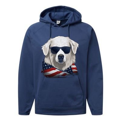 Maremma Sheepdog American Flag US Tee 4th July Gifts Graphic Performance Fleece Hoodie