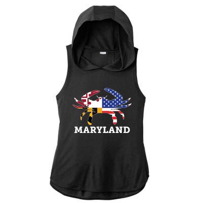 Maryland State American Usa Flag Blue Crab Ladies PosiCharge Tri-Blend Wicking Draft Hoodie Tank