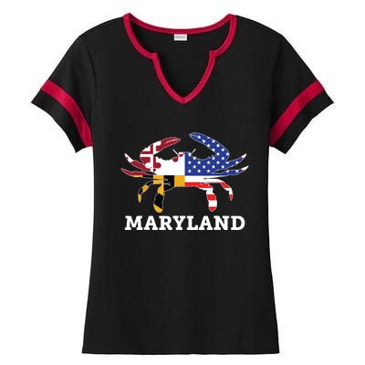 Maryland State American Usa Flag Blue Crab Ladies Halftime Notch Neck Tee