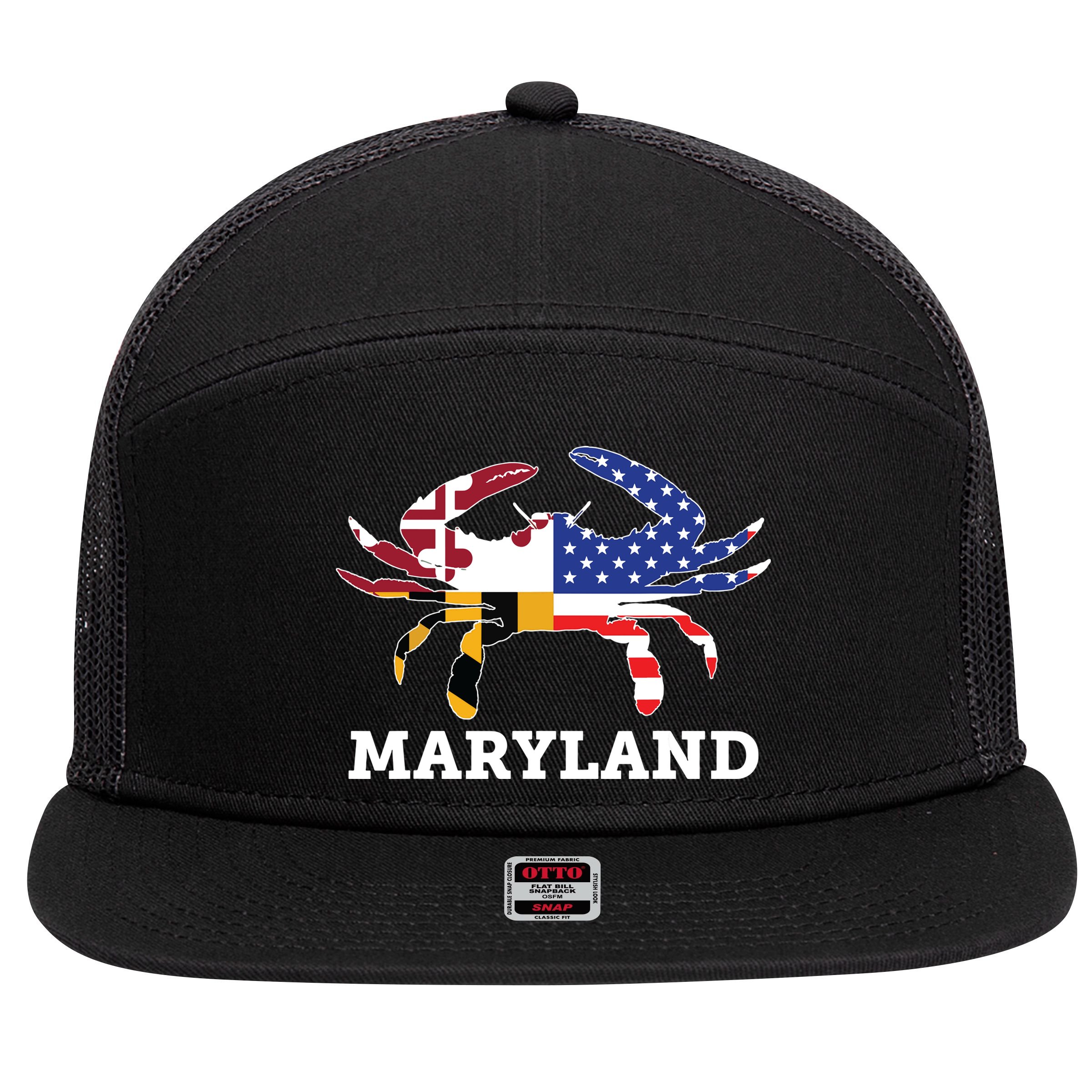 Maryland State American Usa Flag Blue Crab 7 Panel Mesh Trucker Snapback Hat