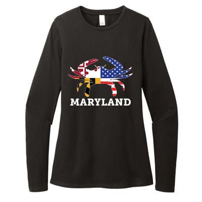 Maryland State American Usa Flag Blue Crab Womens CVC Long Sleeve Shirt