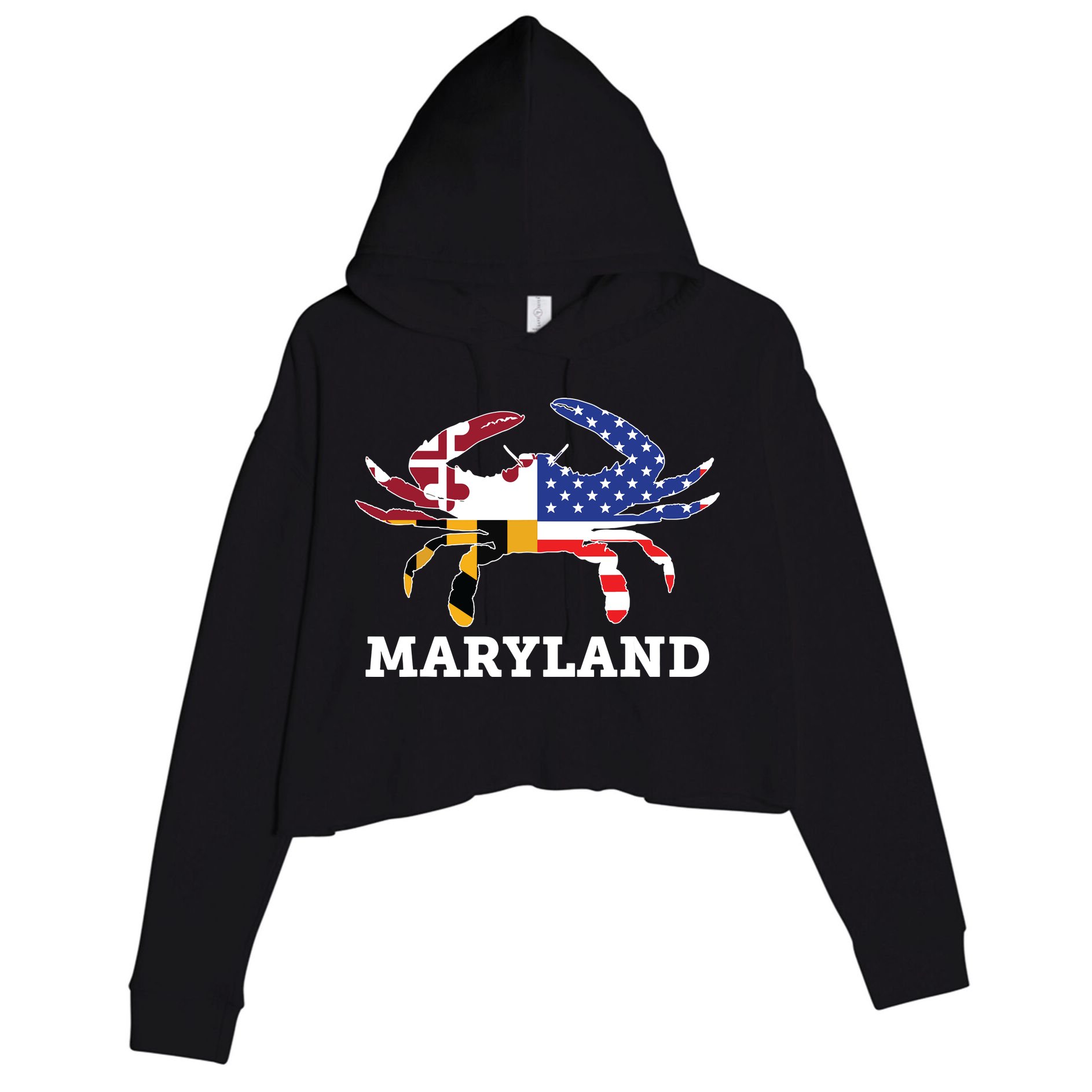 Maryland State American Usa Flag Blue Crab Crop Fleece Hoodie