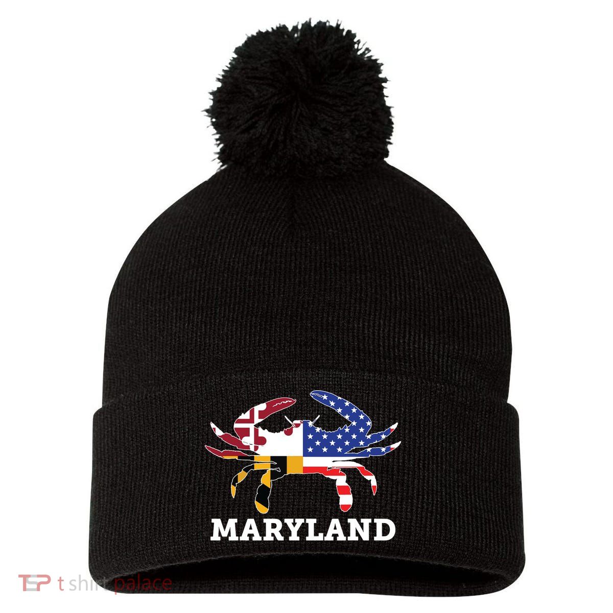 Maryland State American Usa Flag Blue Crab Pom Pom 12in Knit Beanie