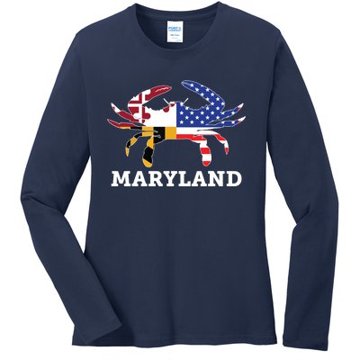 Maryland State American Usa Flag Blue Crab Ladies Long Sleeve Shirt