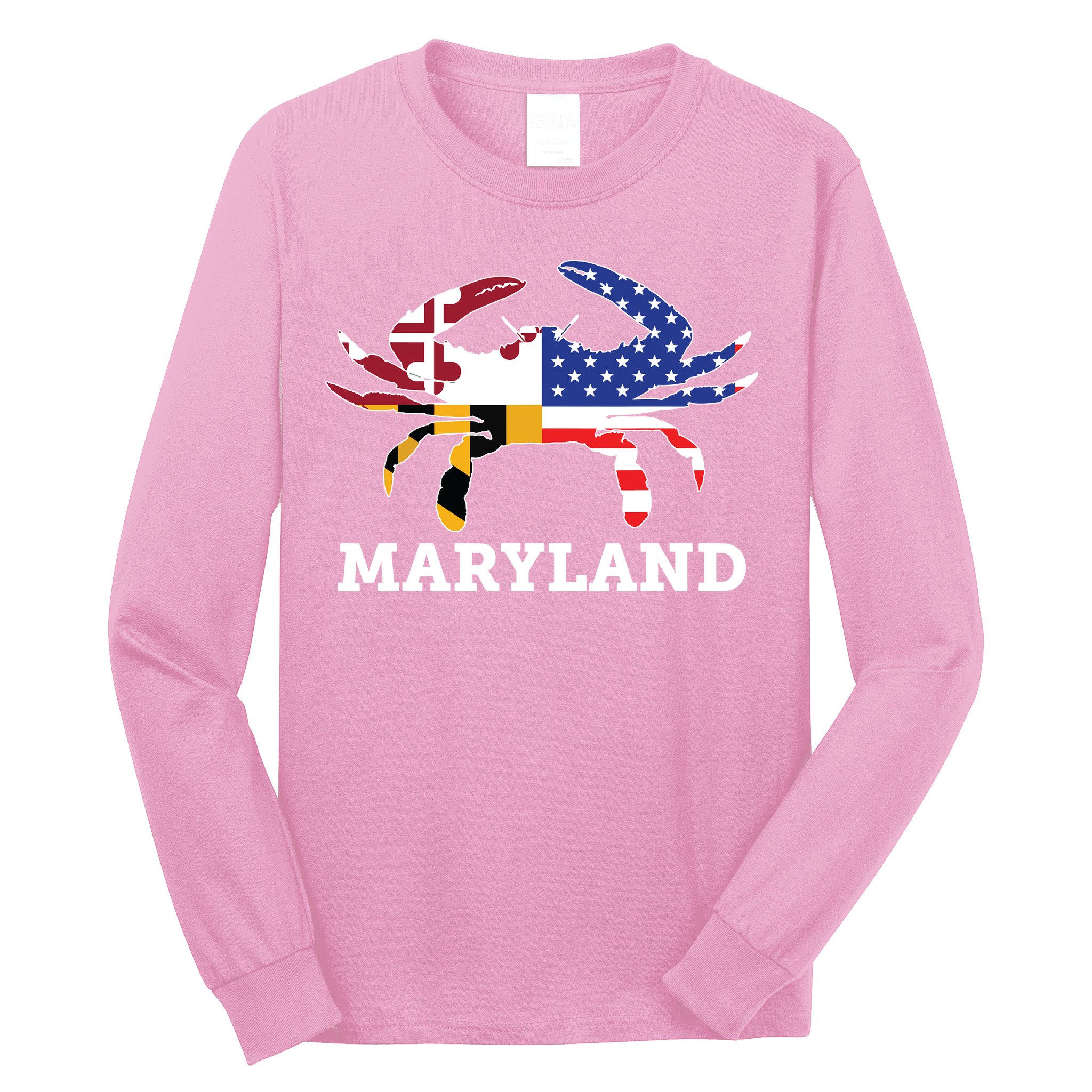 Maryland State American Usa Flag Blue Crab Long Sleeve Shirt