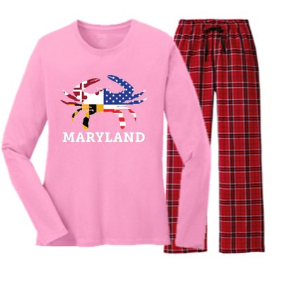 Maryland State American Usa Flag Blue Crab Women's Long Sleeve Flannel Pajama Set 