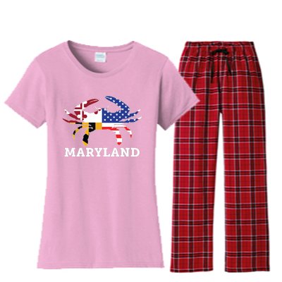 Maryland State American Usa Flag Blue Crab Women's Flannel Pajama Set