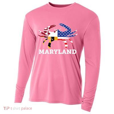 Maryland State American Usa Flag Blue Crab Cooling Performance Long Sleeve Crew