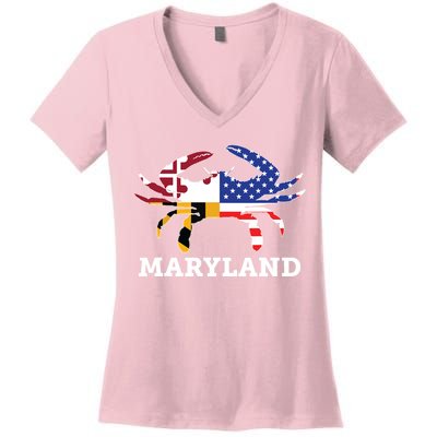 Maryland State American Usa Flag Blue Crab Women's V-Neck T-Shirt