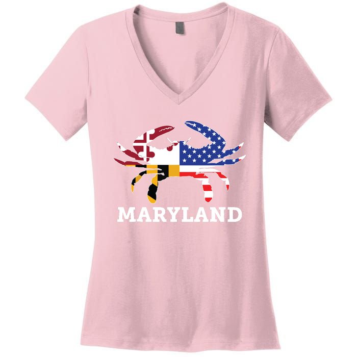 Maryland State American Usa Flag Blue Crab Women's V-Neck T-Shirt