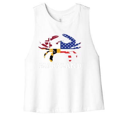 Maryland State American Usa Flag Blue Crab Women's Racerback Cropped Tank