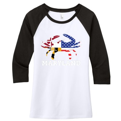 Maryland State American Usa Flag Blue Crab Women's Tri-Blend 3/4-Sleeve Raglan Shirt