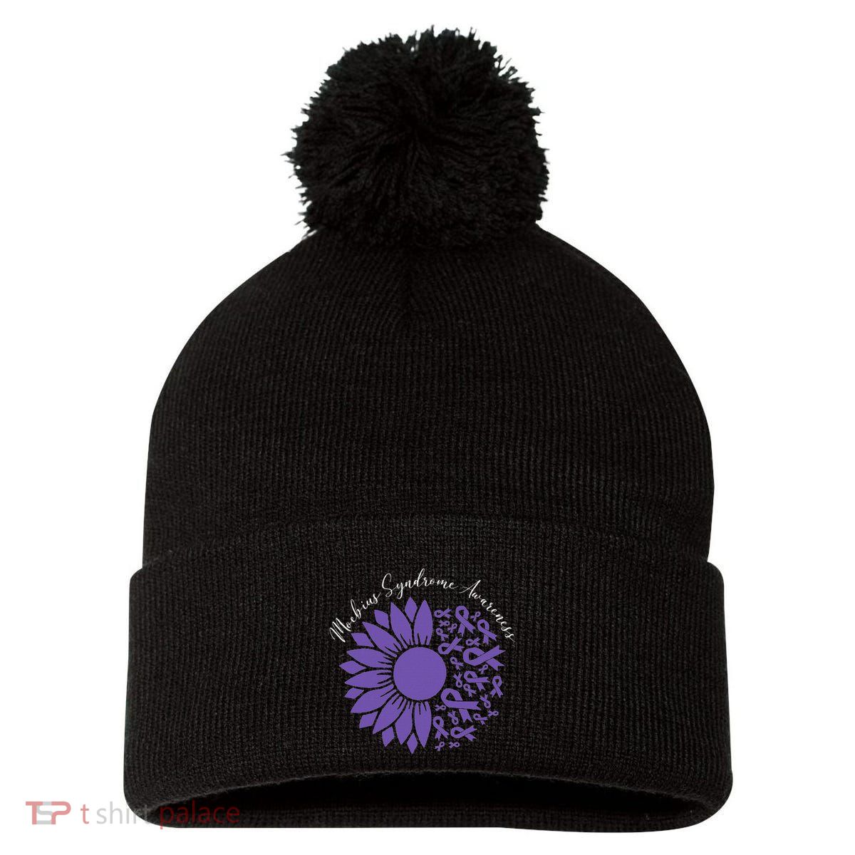 Moebius Syndrome Awareness Sunflower Purple Ribbon Support Pom Pom 12in Knit Beanie