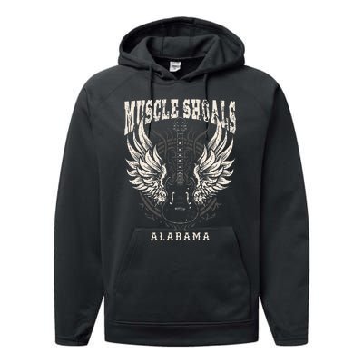 Muscle Shoals Alabama Vintage Guitar Wings Performance Fleece Hoodie