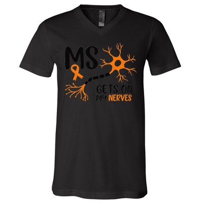 Multiple Sclerosis Awareness Gets On My Nerves Orange V-Neck T-Shirt
