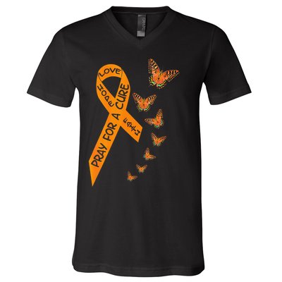 Multiple Sclerosis Awareness Butterfly Orange Ribbon V-Neck T-Shirt