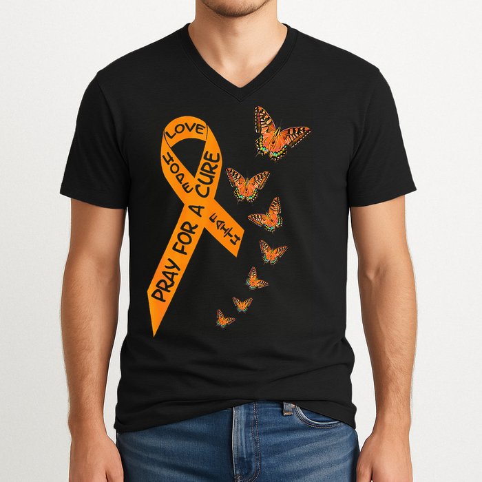Multiple Sclerosis Awareness Butterfly Orange Ribbon V-Neck T-Shirt