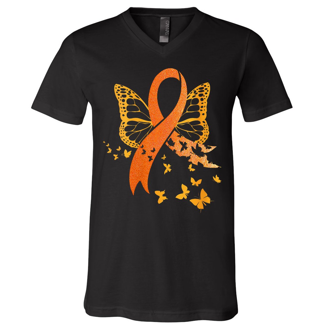 Multiple Sclerosis Awareness Orange Ribbon Butterfly Fighter V-Neck T-Shirt