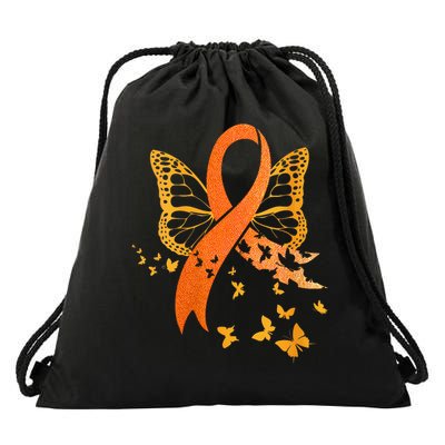 Multiple Sclerosis Awareness Orange Ribbon Butterfly Fighter Drawstring Bag