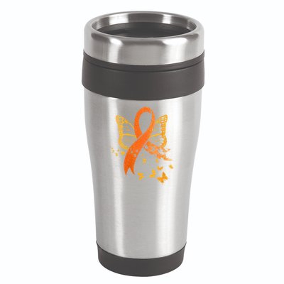 Multiple Sclerosis Awareness Orange Ribbon Butterfly Fighter 16oz Travel Tumbler