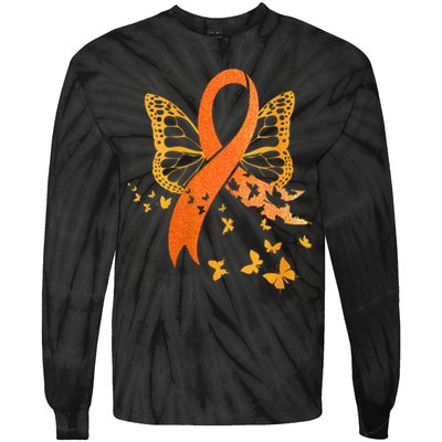 Multiple Sclerosis Awareness Orange Ribbon Butterfly Fighter Tie-Dye Long Sleeve Shirt