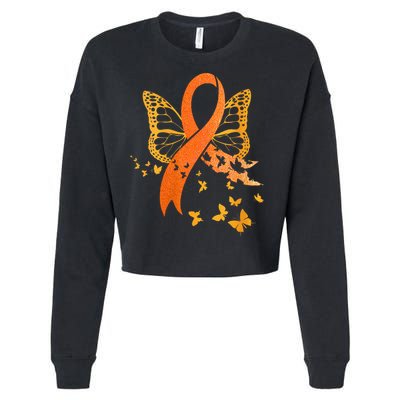 Multiple Sclerosis Awareness Orange Ribbon Butterfly Fighter Cropped Pullover Crew