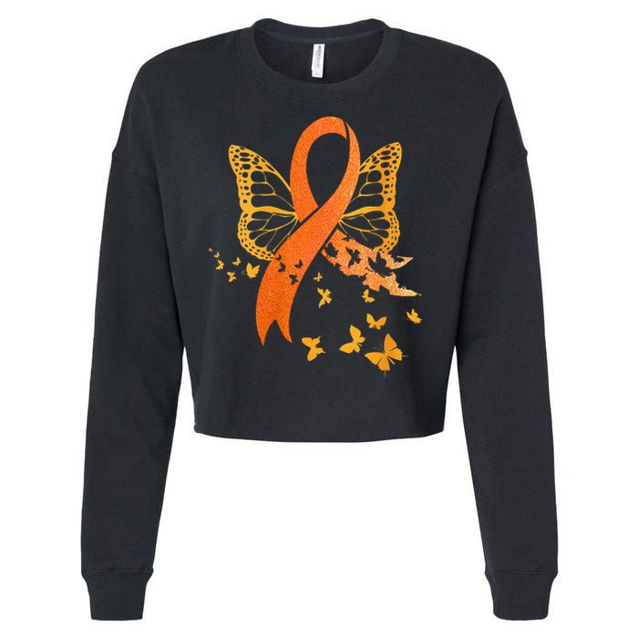 Multiple Sclerosis Awareness Orange Ribbon Butterfly Fighter Cropped Pullover Crew