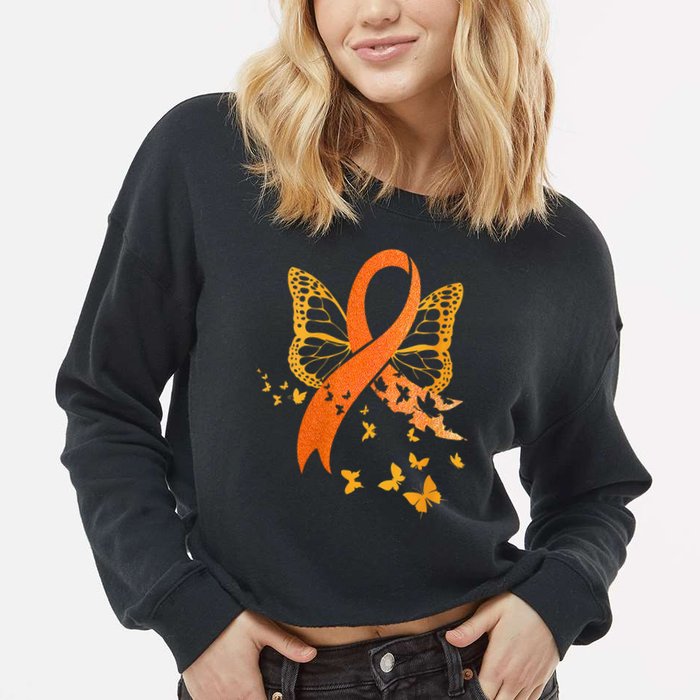 Multiple Sclerosis Awareness Orange Ribbon Butterfly Fighter Cropped Pullover Crew