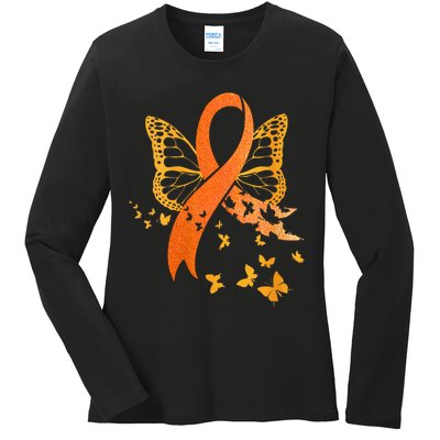 Multiple Sclerosis Awareness Orange Ribbon Butterfly Fighter Ladies Long Sleeve Shirt