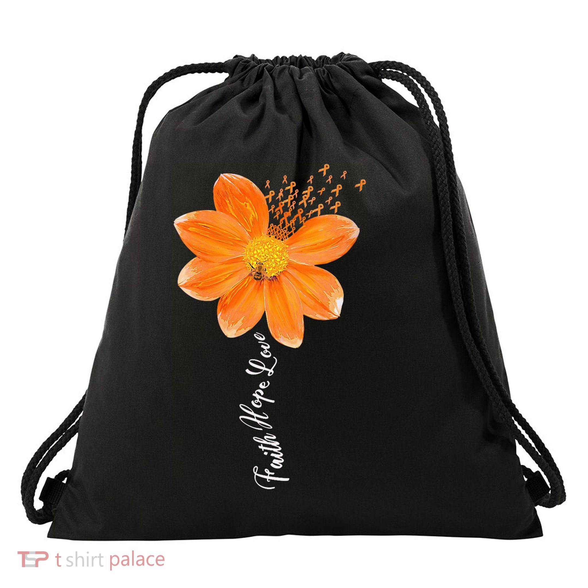 Multiple Sclerosis Awareness Orange Flower Ribbon Faith Hope Drawstring Bag