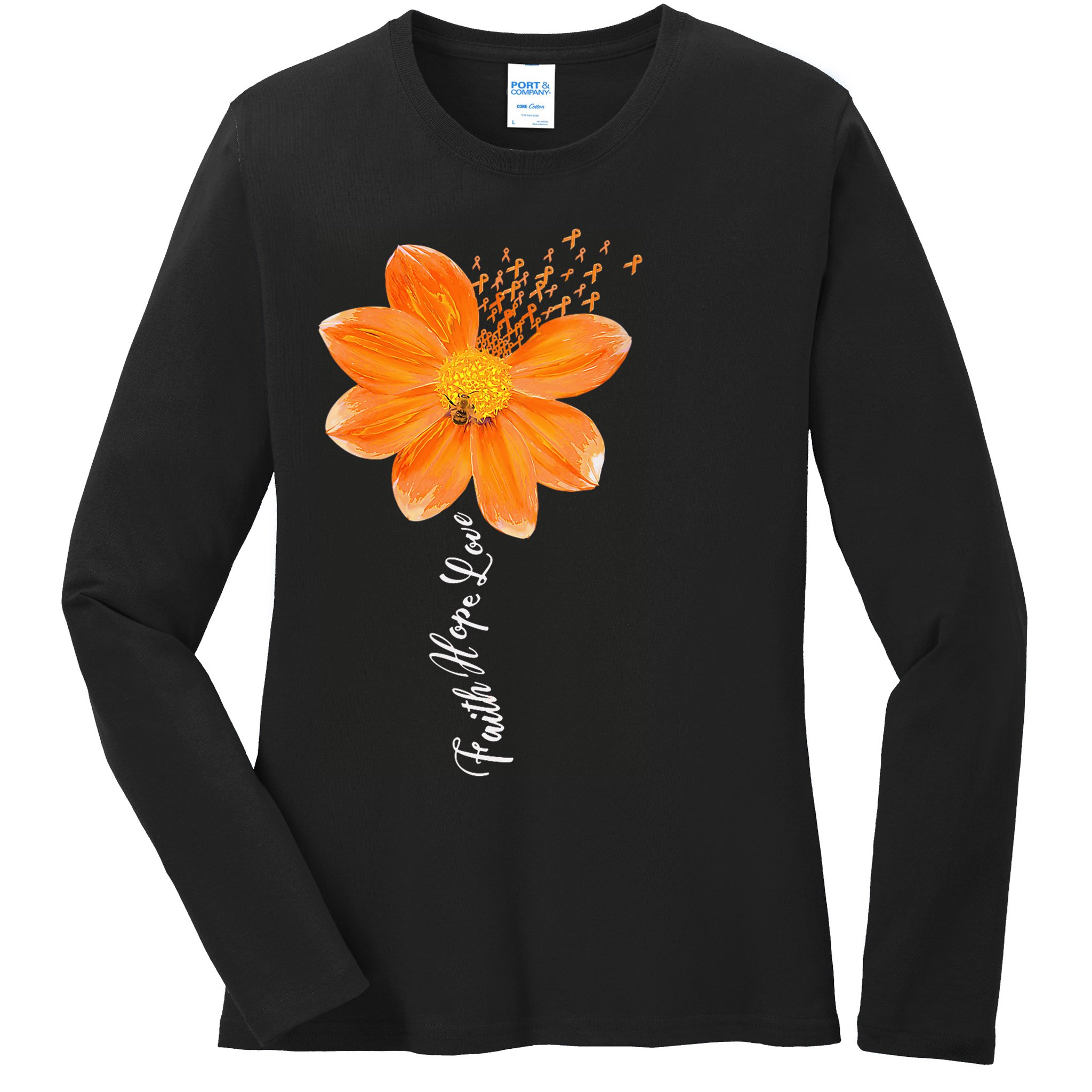 Multiple Sclerosis Awareness Orange Flower Ribbon Faith Hope Ladies Long Sleeve Shirt