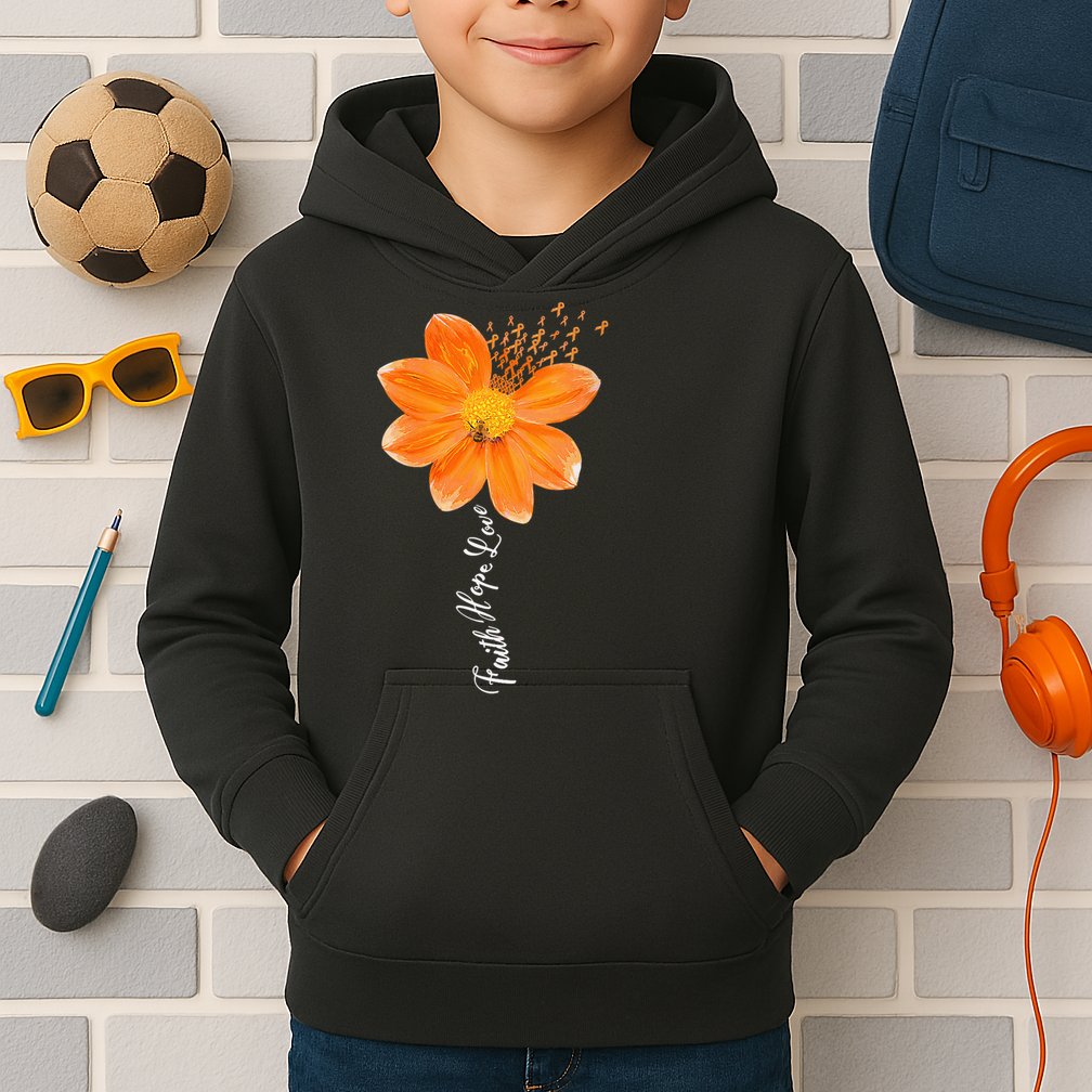Multiple Sclerosis Awareness Orange Flower Ribbon Faith Hope Kids Hoodie