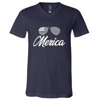 Merica Sunglasses American Flag Celebrate 4th Of July V-Neck T-Shirt