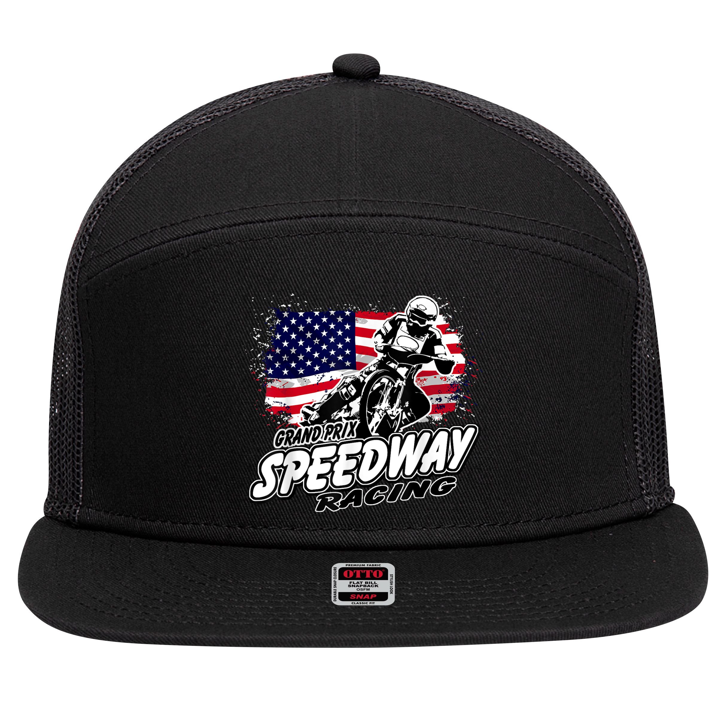Motorcycle Speedway American Flag Flat Track Race 7 Panel Mesh Trucker Snapback Hat