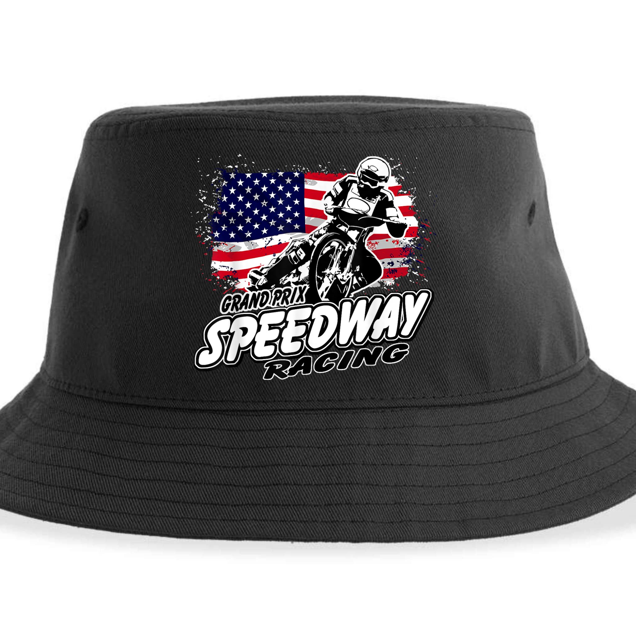 Motorcycle Speedway American Flag Flat Track Race Sustainable Bucket Hat