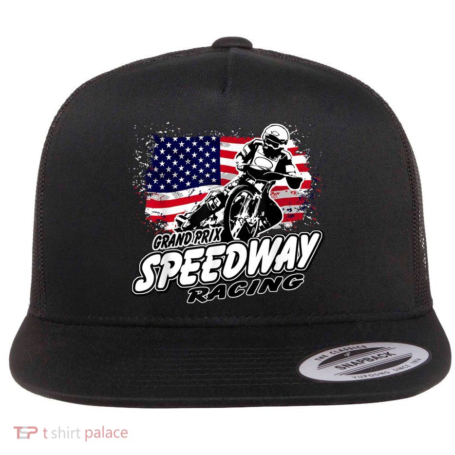 Motorcycle Speedway American Flag Flat Track Race Flat Bill Trucker Hat
