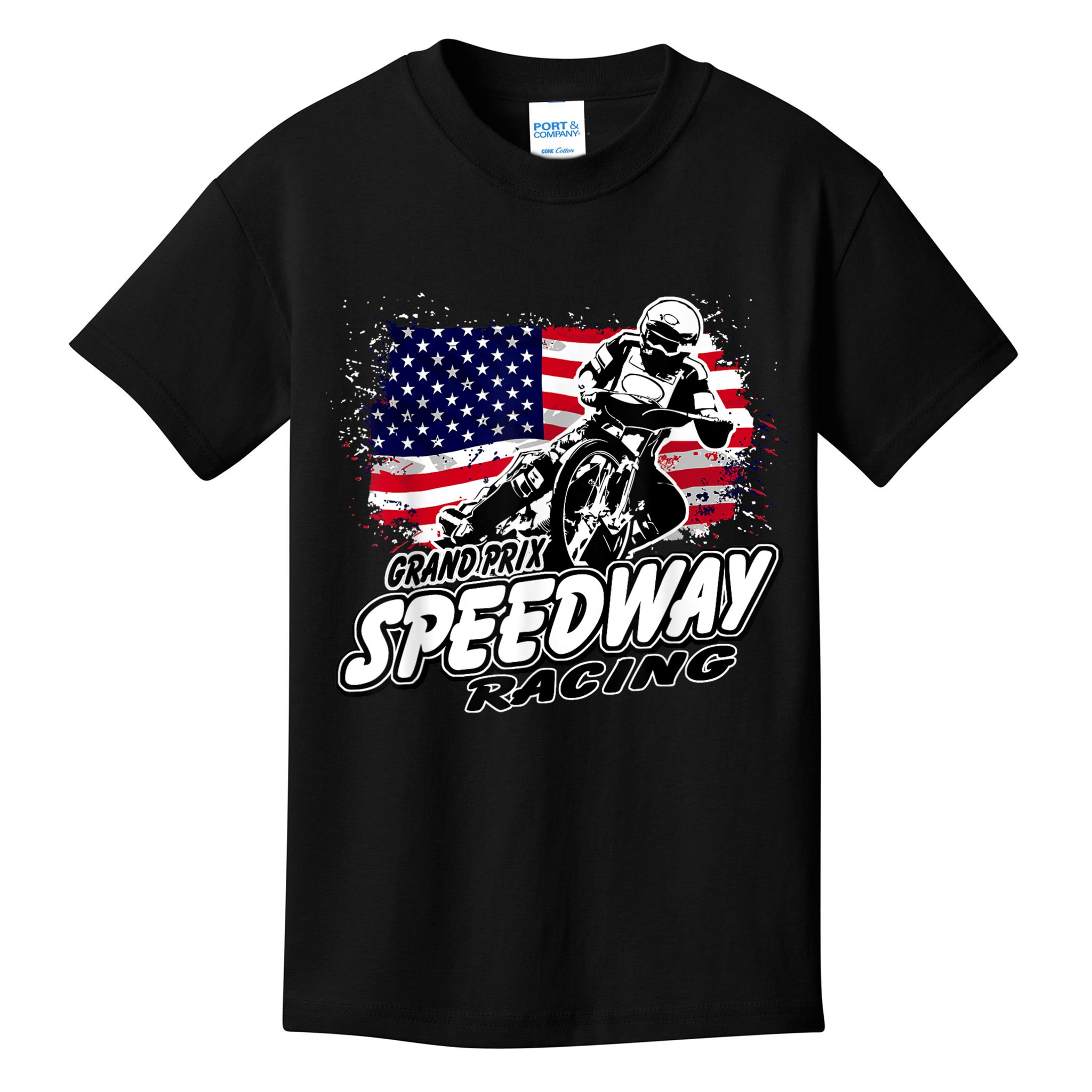 Motorcycle Speedway American Flag Flat Track Race Kids T-Shirt