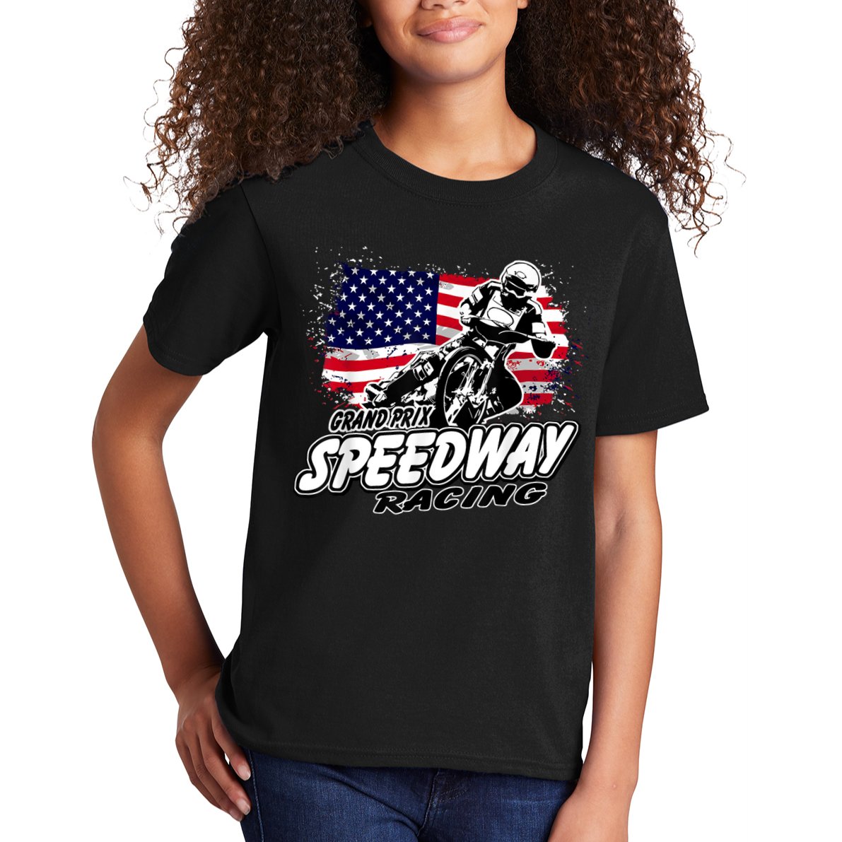 Motorcycle Speedway American Flag Flat Track Race Kids T-Shirt