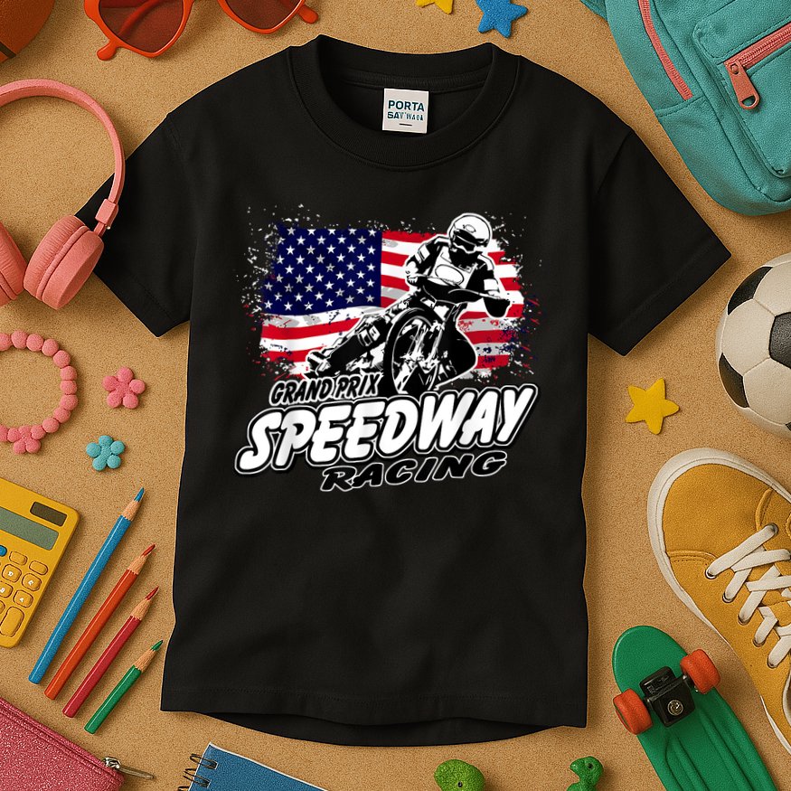 Motorcycle Speedway American Flag Flat Track Race Kids T-Shirt