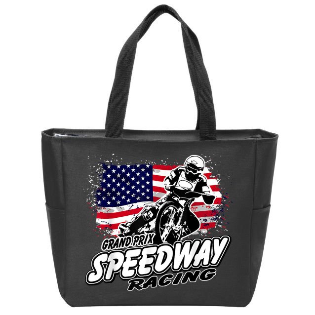 Motorcycle Speedway American Flag Flat Track Race Zip Tote Bag