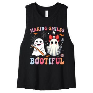 Making Smiles Bootiful Dentist Funny Halloween Ghost Dental Women's Racerback Cropped Tank