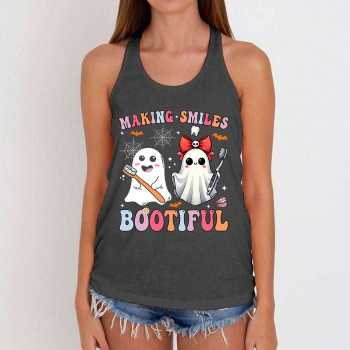 Making Smiles Bootiful Dentist Funny Halloween Ghost Dental Women's Knotted Racerback Tank