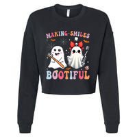 Making Smiles Bootiful Dentist Funny Halloween Ghost Dental Cropped Pullover Crew