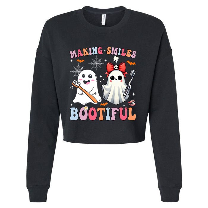 Making Smiles Bootiful Dentist Funny Halloween Ghost Dental Cropped Pullover Crew