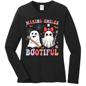 Making Smiles Bootiful Dentist Funny Halloween Ghost Dental Ladies Long Sleeve Shirt