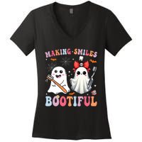 Making Smiles Bootiful Dentist Funny Halloween Ghost Dental Women's V-Neck T-Shirt