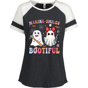 Making Smiles Bootiful Dentist Funny Halloween Ghost Dental Enza Ladies Jersey Colorblock Tee