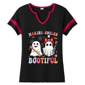 Making Smiles Bootiful Dentist Funny Halloween Ghost Dental Ladies Halftime Notch Neck Tee