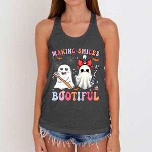 Making Smiles Bootiful Dentist Funny Halloween Ghost Dental Women's Knotted Racerback Tank