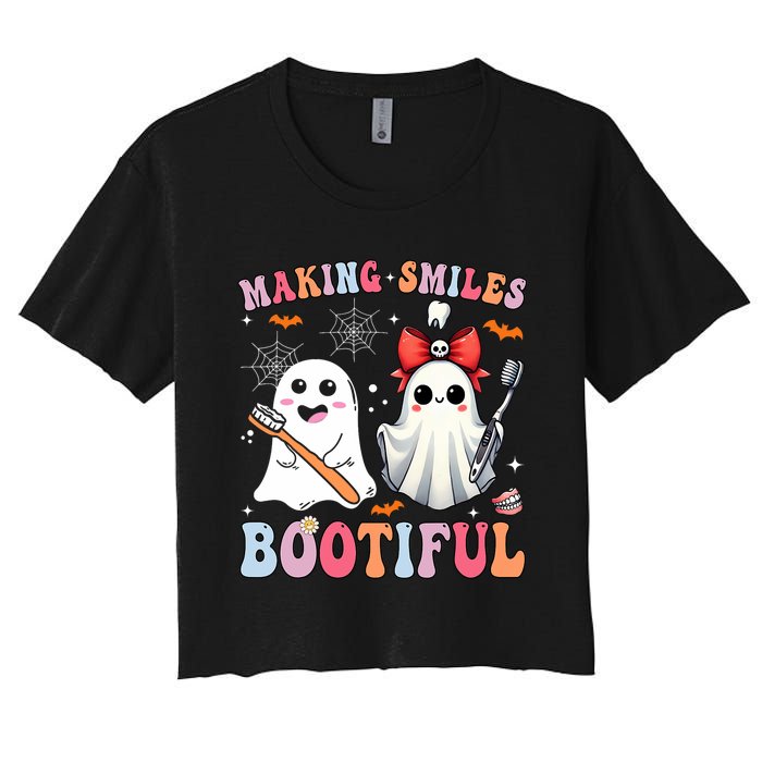 Making Smiles Bootiful Dentist Funny Halloween Ghost Dental Women's Crop Top Tee